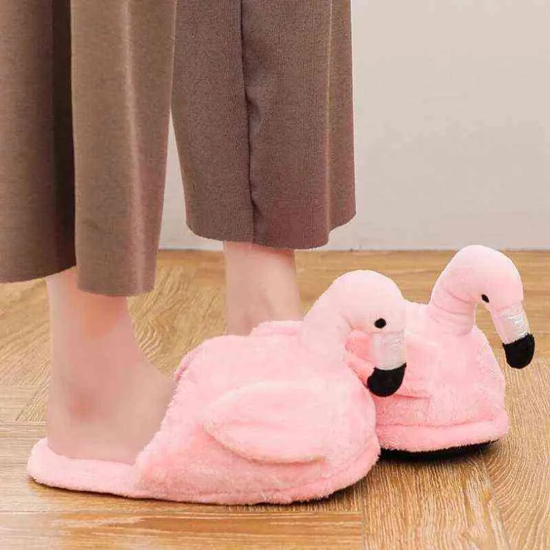 Inverno Cartoon Flamingo Pantofole da donna per la casa CuteCasual Scarpe di peluche Designer antiscivolo Morbide scarpe da camera piatte Scarpe calde pelose H1122