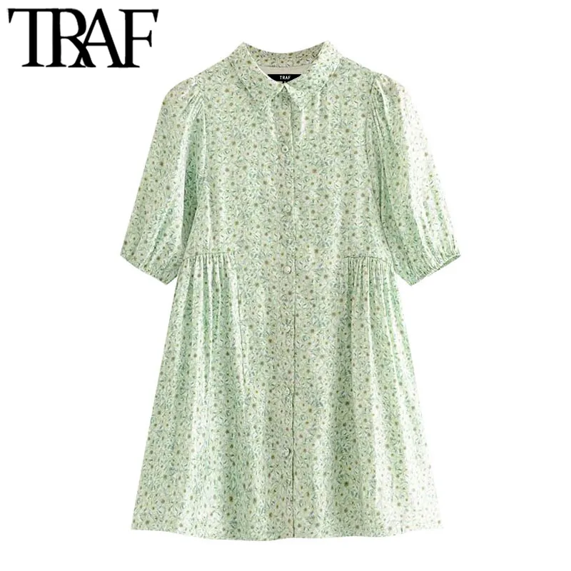 TRAF Women Chic Fashion Floral Print Mini Shirt Dress Vintage Puff Sleeves With Lining Female Dresses Vestidos Mujer 210415