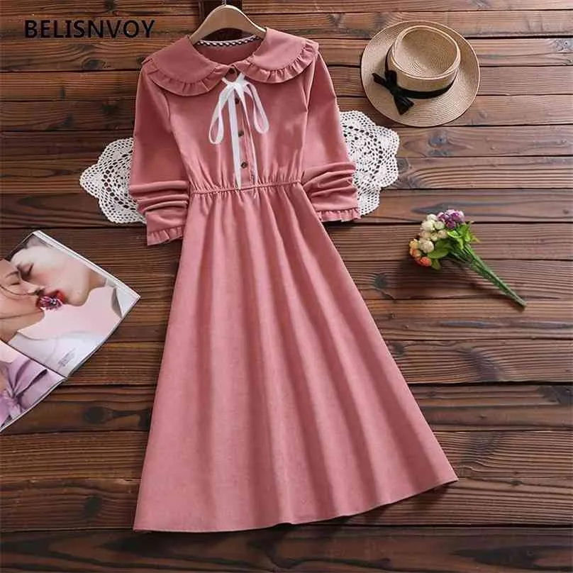 Mori Girl Höst Vinter Kvinnor Midi Klänning Peter Pan Collar Bow Blå Grön Röd Långärmad Elegant Söt Solid Vestido Mujer 210520