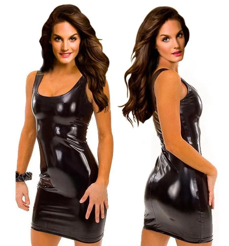 Casual Dresses Sexy Women Black Leather Latex Dress Sleeveless Fetish Bodycon Catsuit Lady Exotic Nightclub