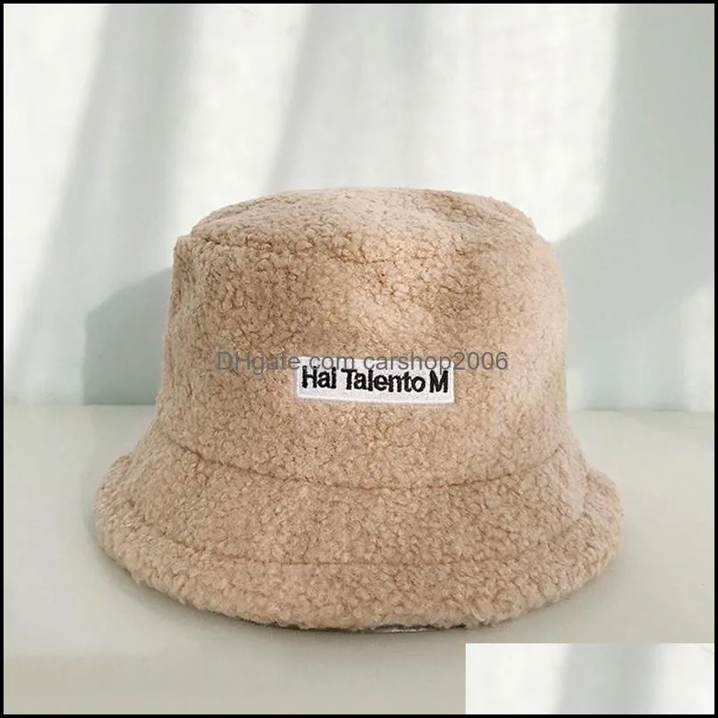 Lamb Wool Letter Women Solid Color Fisherman`s Hat Autumn Bucket Cap For Ladies Keep Warm Casual Female Flat Top Wide Brim Hats