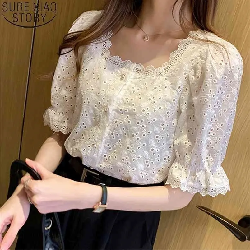 Yaz Kore Kısa Kollu Tatlı Dantel Gömlek Kadın Kare Yaka Bluz Moda Zarif Giysi Blusas Hollowas 13934 210506