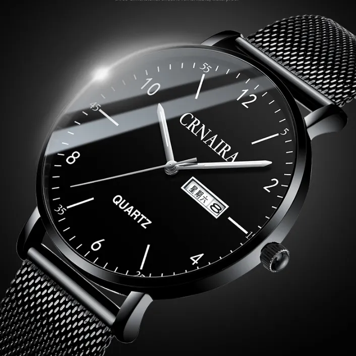 Crnaira 2021 banda de malha cwp quartzo relógios masculinos calendário luminoso relógio grande três mãos casual negócios elegante homem pulso watches208k