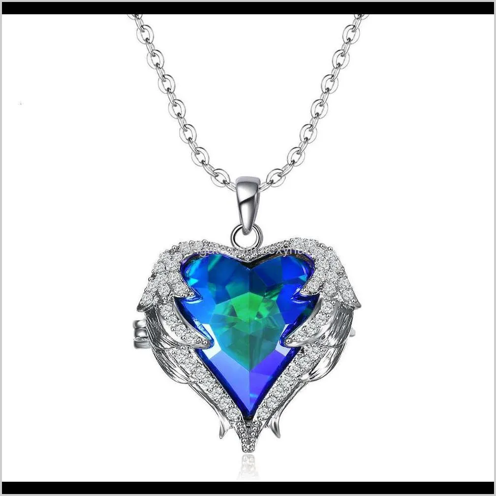 silver bottom diamond three color straight jewelry temperament angel heart shaped pendant necklace