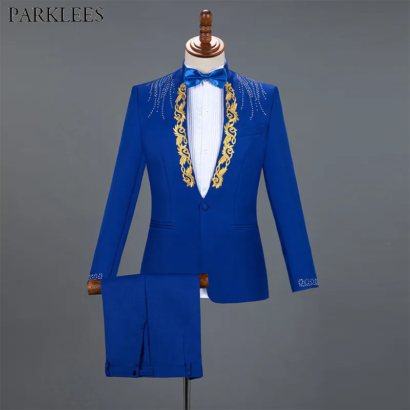 Diamond Royal Blue Men Suit Set Gold Embroidered Wedding Mens Slim Fit Tuxedo Mens Suits with Pants Prom Show Stage Costume Male 210524