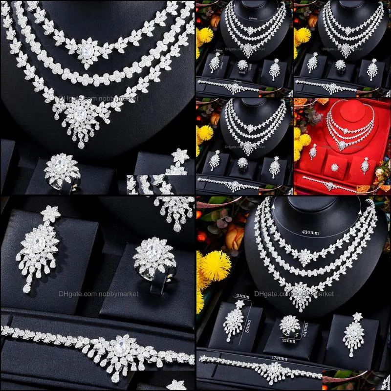 Earrings & Necklace Blachette Fashion Luxury Zircon Three-layer Chain 4PCS High Quality Women`s Wedding Anniversary Dubai Design Jewelry