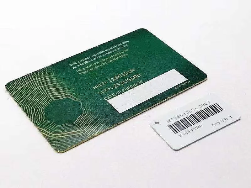 Cartes de garantie de sécurité verte de haute qualité Boîtes de voyage de montre en plastique Carte 3D Impression personnalisée Modèle Numéro de série Gravure Étiquettes de prix pour montres Rolex