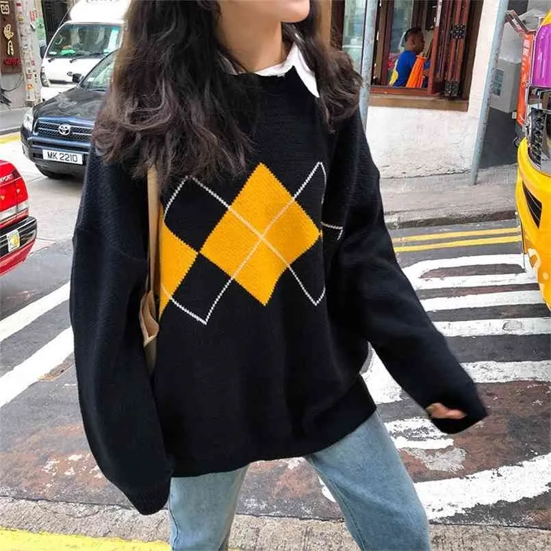 Koreanische College-Stil Herbst Winter Geometrische Muster Argyle Pullover Lose Übergroße Oansatz Gestrickte Pullover Frau Jumper Mujer 210917