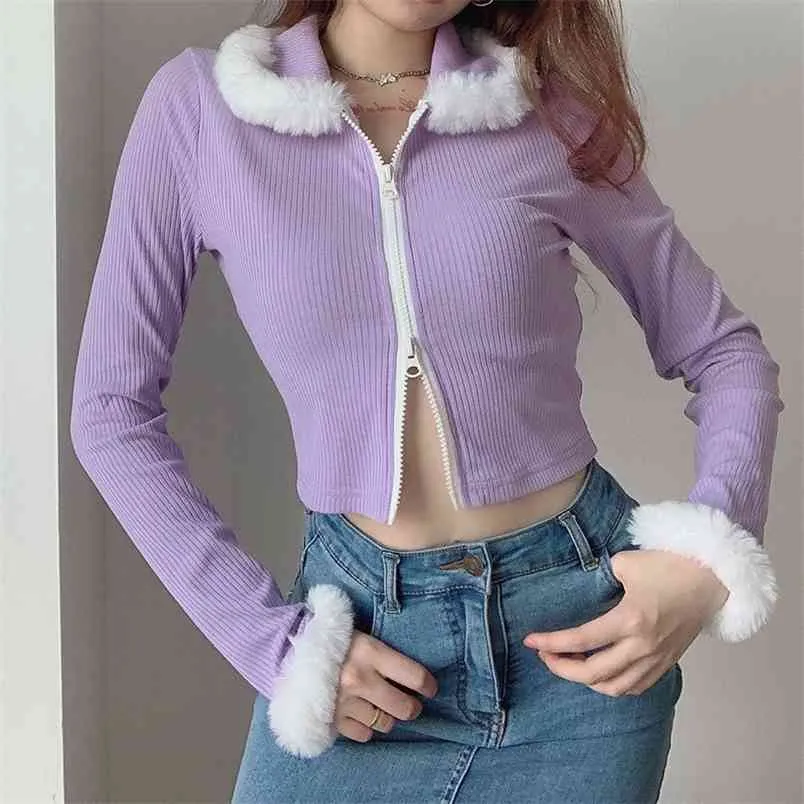 Furry Patched Ribbed Knit Cropped TShirt Women Autumn Y2K With Fur Warm Winter Female Long Sleeve Zip- Up Tee Top Outwear 210510