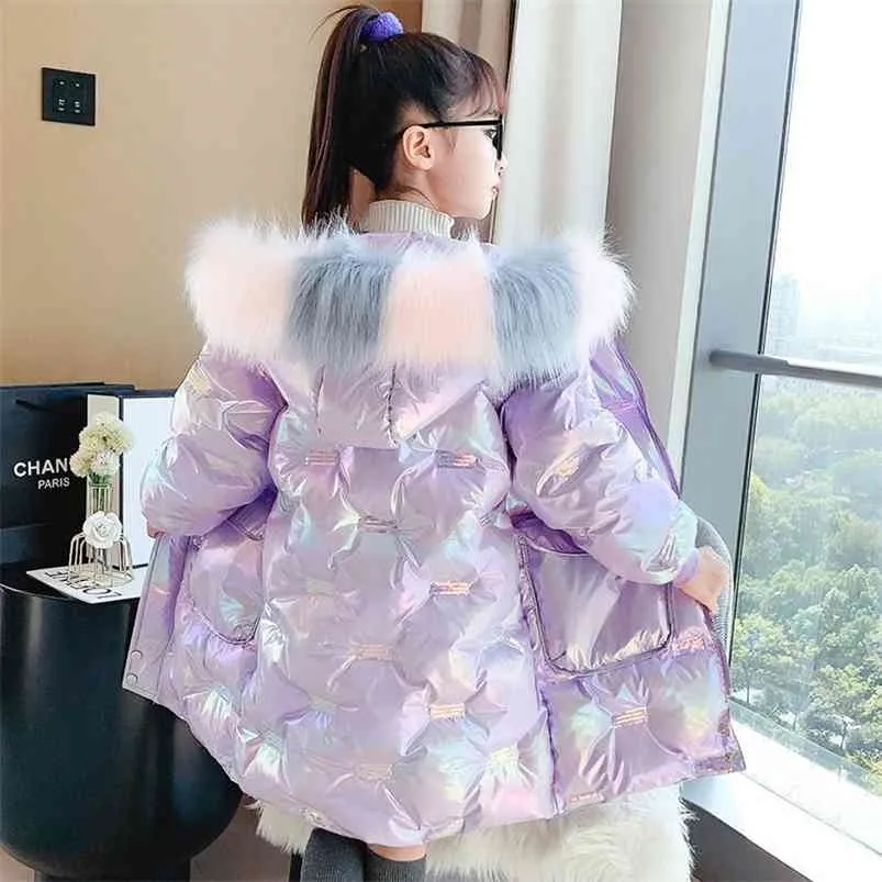 Fashion Girls Winter Coat Fur Hooded Parkas Children Thickening Warm Bright Jacket For Outwear TZ659 210916