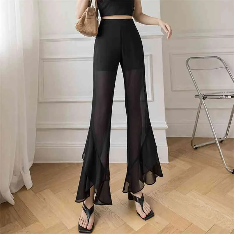 Mode Summer Femmes Mousseline de mousseline Split Jupe évasée Pantalon large jambe Pantalon ample Harajuku Taille élastique S-3XL 210507