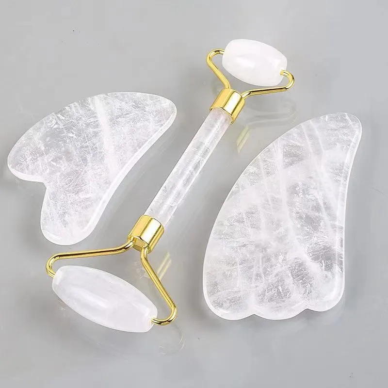 Natural Rock Quartz Stone Jade Roller Massager Gua Sha Tool Gift Box Set Spa Acupunctuur Schrapen kristal lichaam Gezondheidszorg Massage