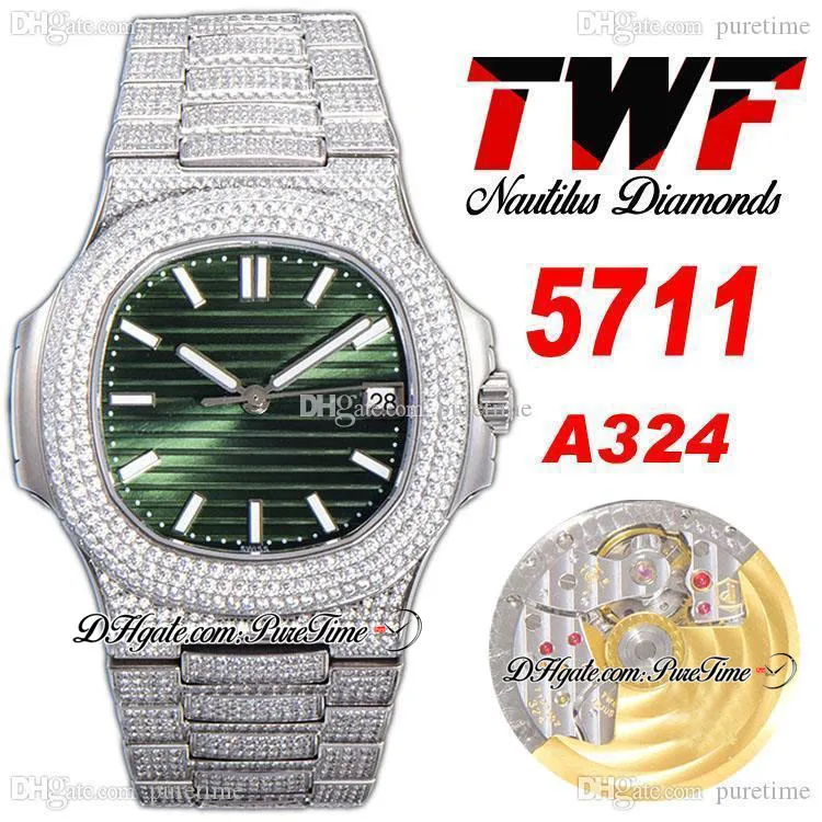 2022 TWF Paved Diamonds 5711 324SC A324 Automatik-Herrenuhr, Zifferblatt mit grüner Textur, Strichmarkierungen, vollständig vereistes Diamantarmband, Super Edition, neue Uhren, Puretime A1