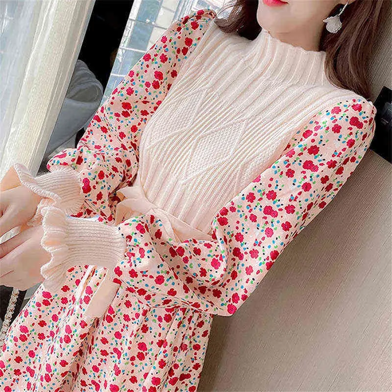 Autumn sweater dresses for women winter splicing Pullover bandage Slim knitting dress sweet corduroy Floral print Dress vestido G1214