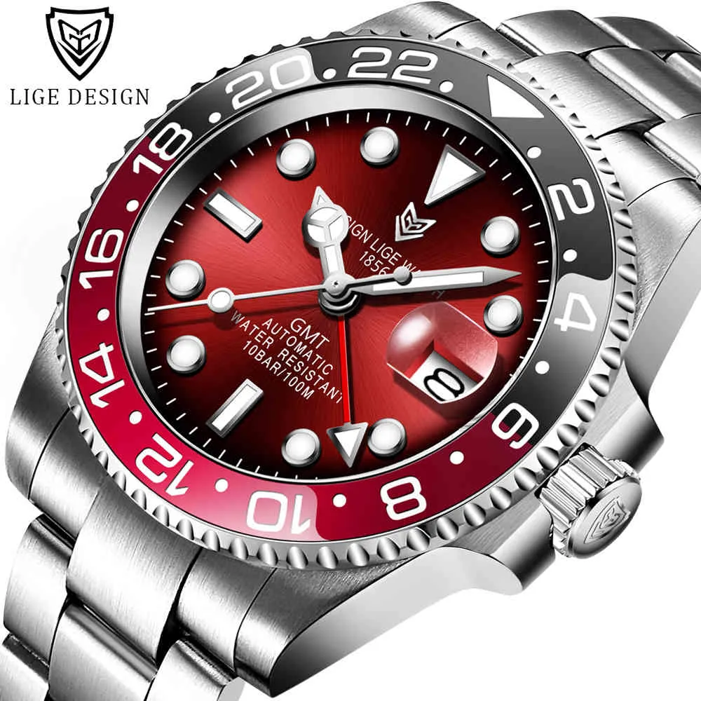 Lige Design Men Gmt Automatic Mechanical Watch Ceramic Bezel 316l Stainless Steel 100m Waterproof Clocks Sapphire Glass Watches Q0524