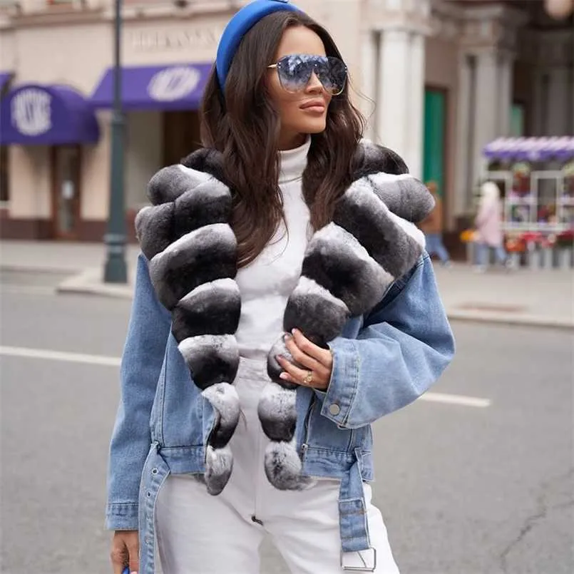 Women Winter Real Fur Coats Natural Trendy Denim Jacket With Rex Rabbit Fur Turn-down Collar Luxury Rabbit Fur Overcoats 211110