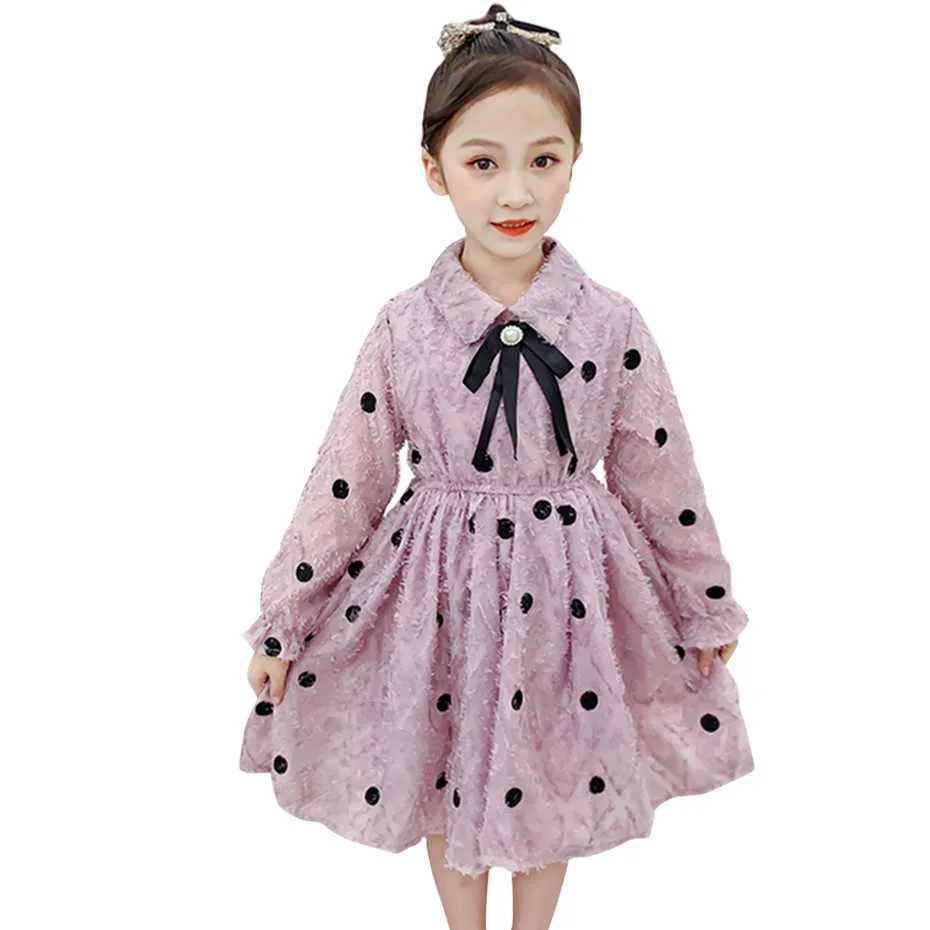 Robe de fille Dot Pattern S Party Kids Big Bow pour enfants Printemps Automne Costume 6 8 10 12 14 210528