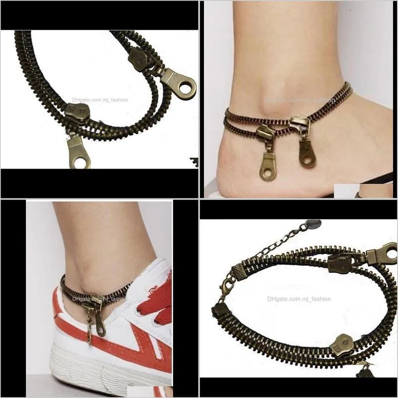 anklets jewelry fashion women vintage bronze plated 2-layer zipper style fashion popular foot jewelry wholesale shipping