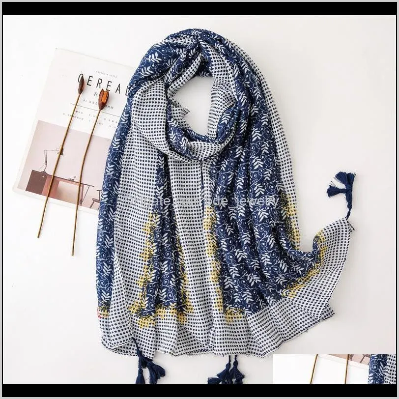 spring antumn scarf shawl floral dot printed patchwork women hijab scarf tassels navy blue 180x90cm bandana foulards
