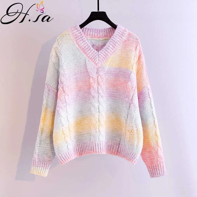 H.SA Maglioni e pullover invernali da donna Pullover a maniche lunghe con scollo a V Maglieria arcobaleno Pull top jersey mujer chaleco mujer 210716