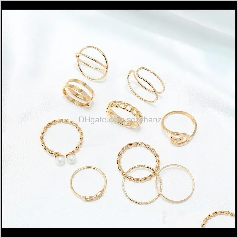 10pcs/set bohemian geometric rings set for women vintage silver gold color imitate pearl knuckle finger ring female fashion jewelry
