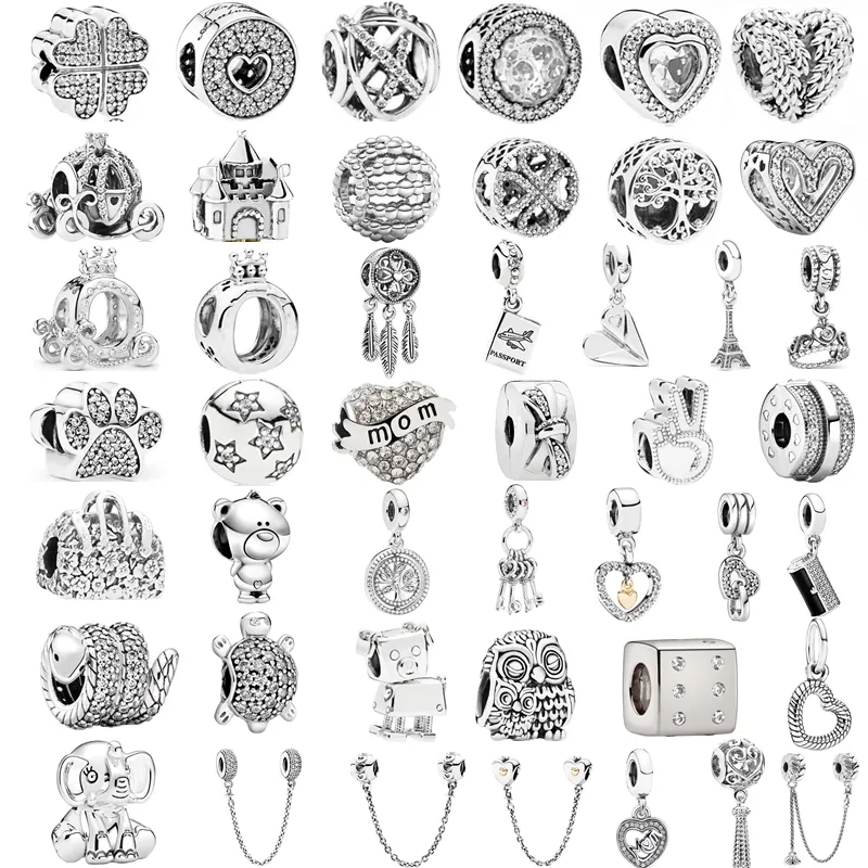 Nova Cor Prata Pena Coroa Corrente de Segurança Coruja Amor Beads Torre Pingente Fit Pandora Charms Pulseiras DIY Mulheres Jóias Originais