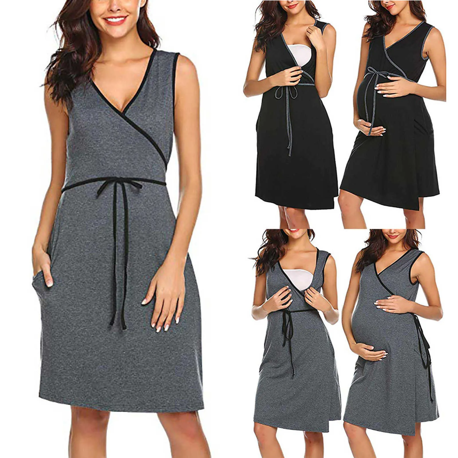 Fashion Gravid Kvinnor Kläder V-Neck Solid Ärmlös Break Feeding Maternity Nursing Dress Graviditet Kläder Robe Femme Q0713