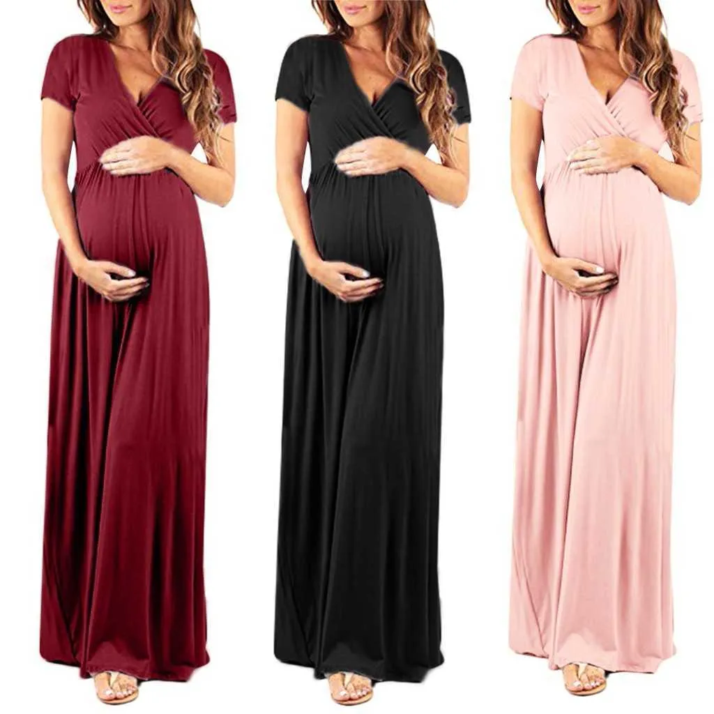 Женская беременность V воротник с коротким рукавом платье для беременных платья одежда чистый цвет удобное беременное платье Q0713
