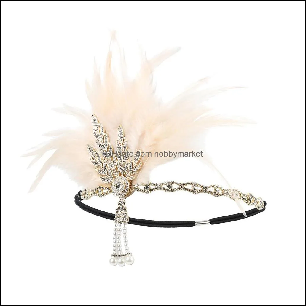 Vintage Headbands Fascinators With Feather For Women Elegant Rhinestones Feather Party Hair Headband Beaded Hair Bands