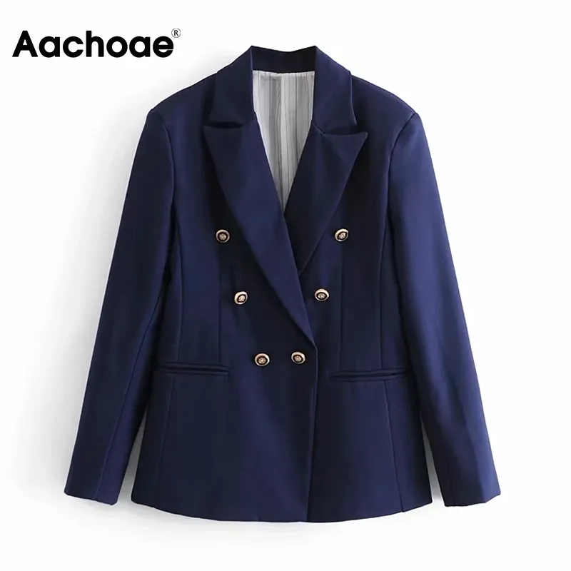 Aachoae, chaqueta Retro con doble botonadura, traje para mujer con muescas en el cuello, ropa de oficina, abrigo para mujer, chaqueta Vintage de manga larga, prendas de vestir exteriores 210413