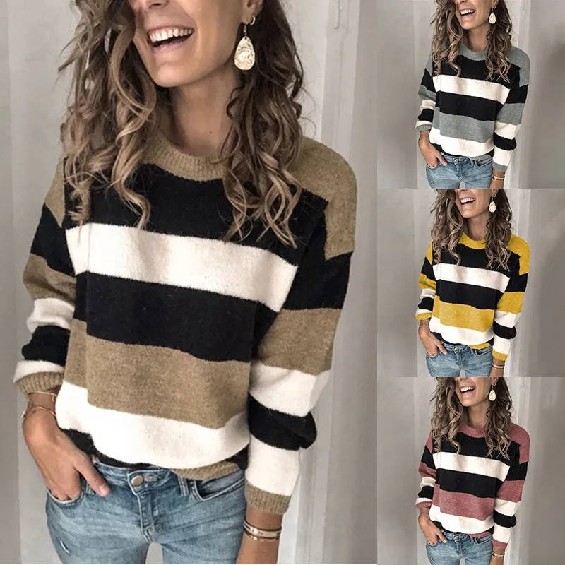 Paski Contrast Color Sweter Vintage O-Neck Dzianiny Swetry Bluzki Bluzki Stripe Sweter Długim Rękawem Kostium Jesień Zima CYGY95