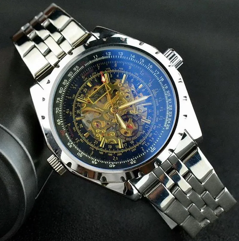 Наручные часы Jaragar Golden Skeleton Часы Мужчины Серебро Из Нержавеющей Стали Авто-Ветер Механические Часы Спорт Relogio Masculino