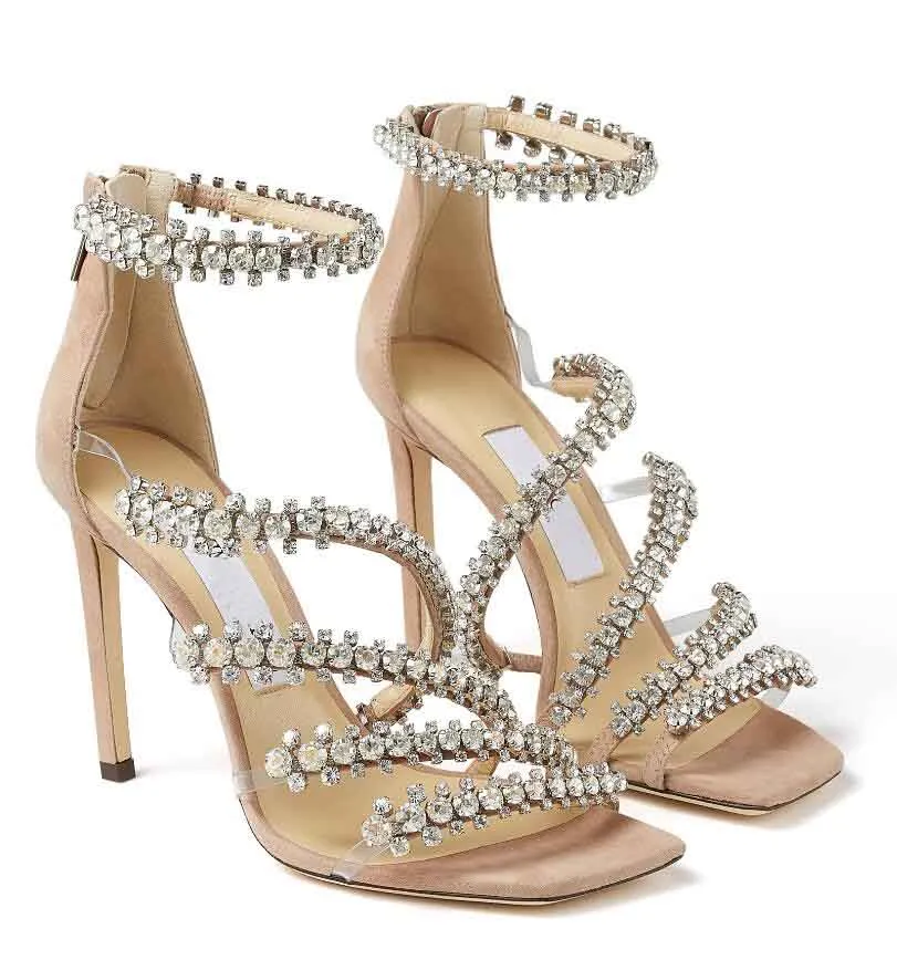 Italy Brands Josefine Sandals Crystal Strappy Elegant Lady High Heels Bridal Shoes Wedding Party Bridals Sexy Walking EU35-43