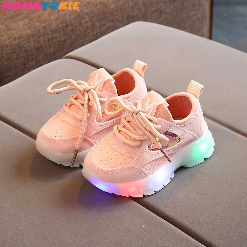 Rozmiar 21-30 Dzieci Oddychające Glowing Casual Buty Dziecko LED Zapalamy Buty Luminous Trampki do chłopca i dziewczyny Slip Sneakers 210713