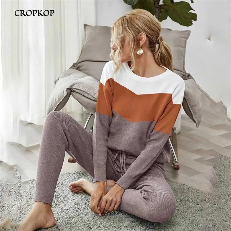 Women Fashion Knitted Set Long Sleeve Color Block Top Casual Bandage High Waist Pants Autumn Winter Sweater Suit Home Clothes 211116