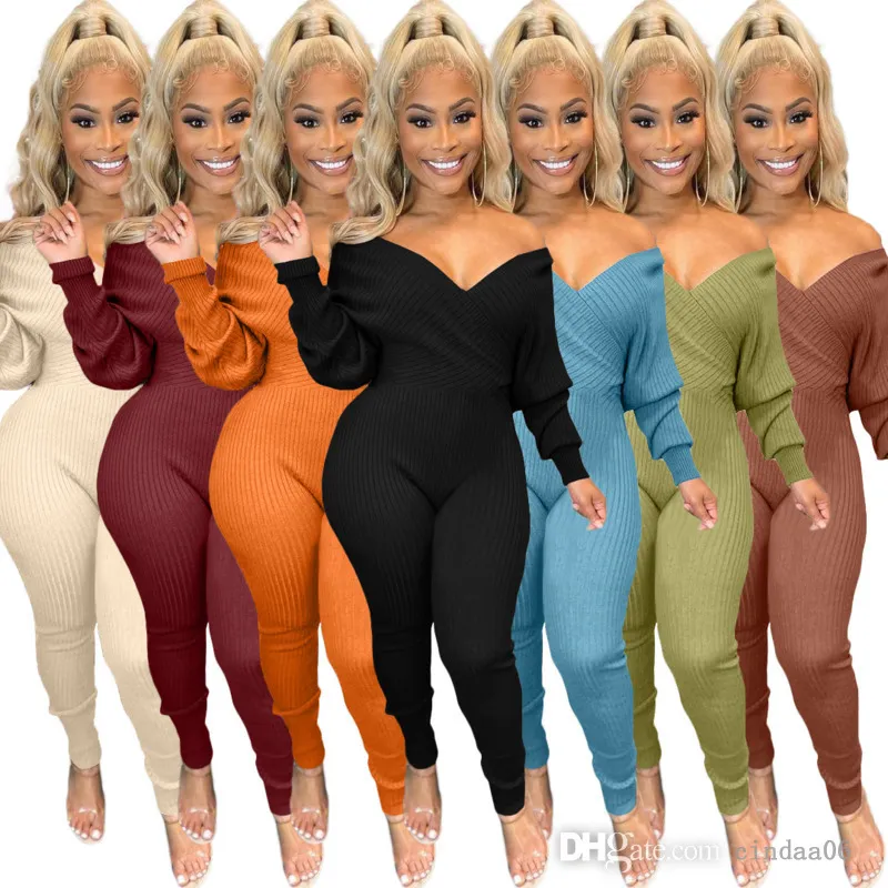 Sexiga Kvinnor Jumpsuits Stor V-Neck Off Shoulder Thread Ribbed Bodysuit Solid Färg Rompers Långärmad Clubwear 7 Färger Onesies