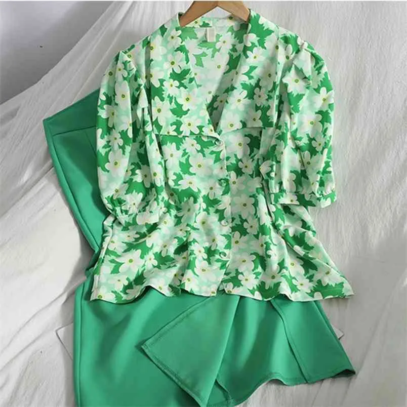 Korean Style Chic Elegant Chiffon 2 Piece Sets Womens Outfits Bubble Short Sleeve Floral Shirt Blouse + Split Long Skirt Suits 210514