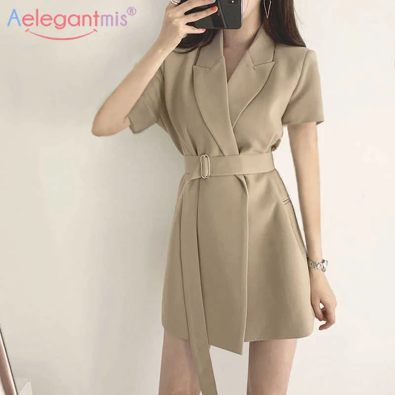 Aelegantmis Korean Casual Office Lady Blazer Jurk met Riem Dames Lente Zomer Sjerpen Jas Vrouwelijke Elegante Mini 210607