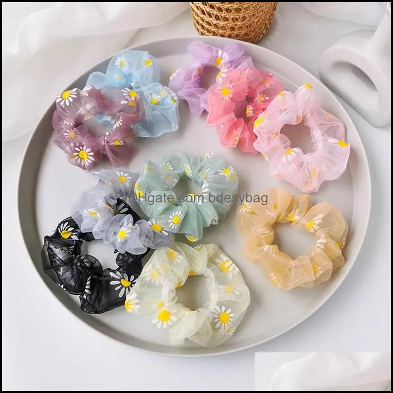 Fashion Embroidery Flowers Mesh Scrunchies Woman Daisy Flroal Hair Rope Transparent Tulle Organza Hair Ties Hair Accessories