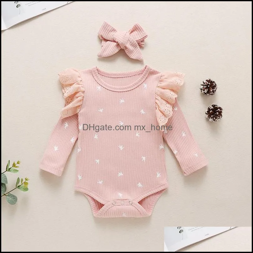 kids Rompers Girls Pit stripe Romper infant Toddler Lace sleeve Jumpsuits with Headband Spring Autumn summer Fashion baby Climbing clothes