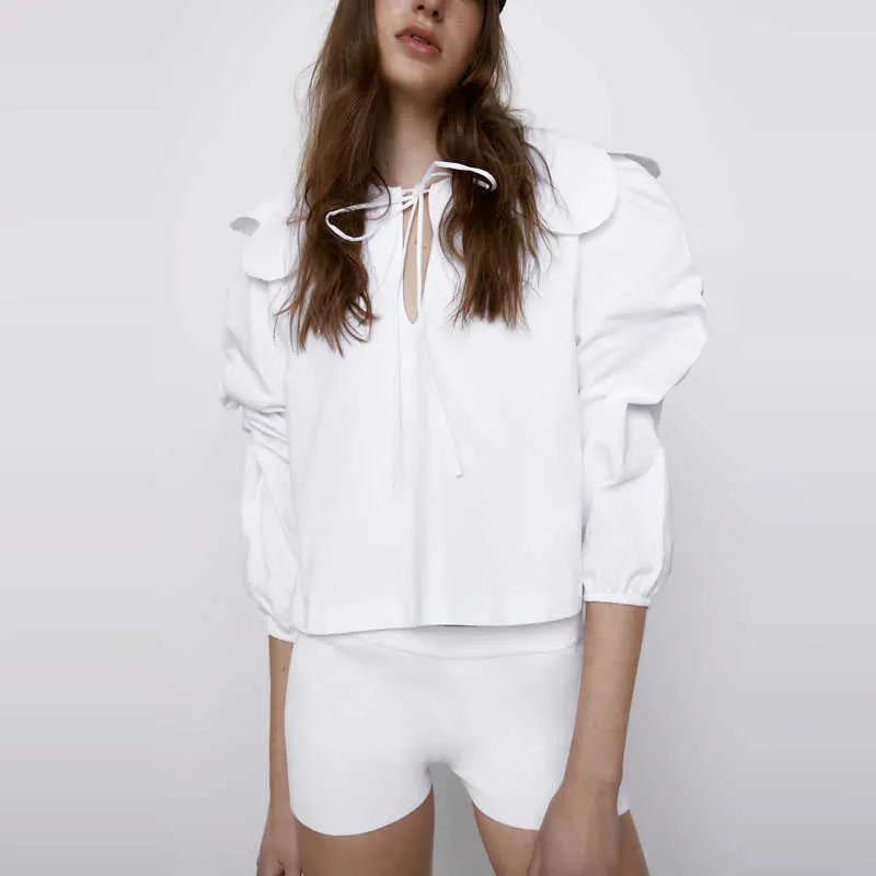 Zaホワイトフリルトリミングブラウス女性ヴィンテージロングパフスリーブネクタイサマートップ女性ファッションフィットショートシャツBlusas 210602
