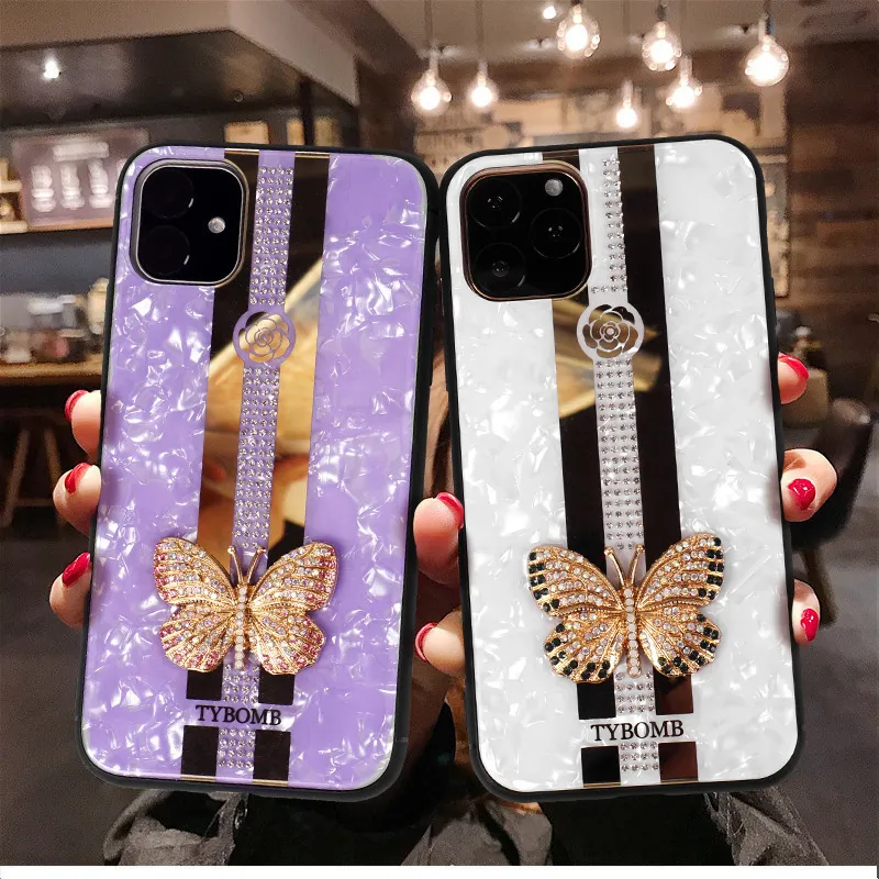 3D Butterfly Flower Bling Diamond Hard PC TPU Phone Cases For Iphone 13 12 Mini 11 Pro Max XR XS X Crystal Floral Stylish Back Cover