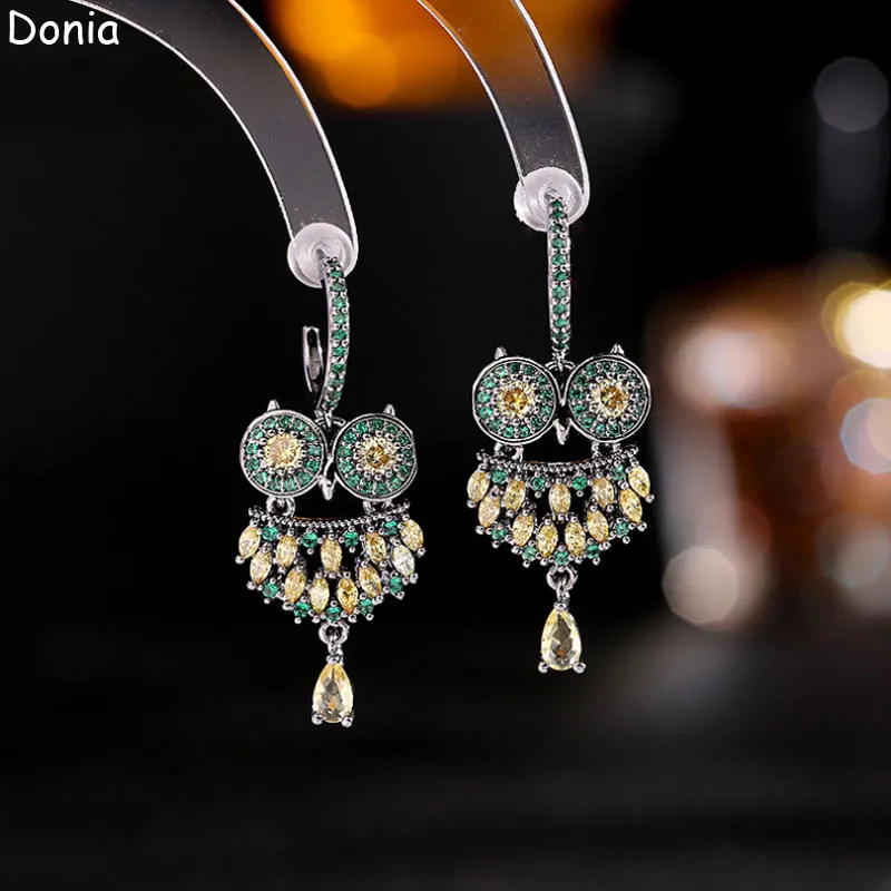Donia jewelry luxury stud European and American fashion owl copper micro-set zircon three-color creative designer earrings