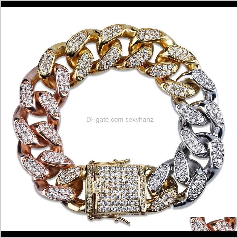 full of zircon jewelry buckled cuban chain bracelet 14mm man plating three color gold bracelet