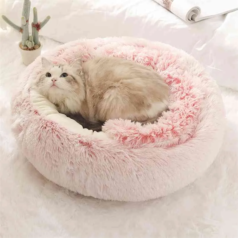 Plush Round Cat Bed Cat Warm House Soft Long Plush Pet Dog Bed For Small Dogs Cat Nest 2 In 1 Cats Cushion Sleeping Sofa 210722