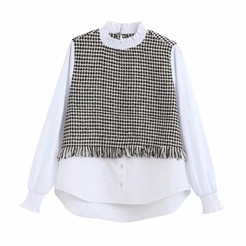 Elegant Tweed Patchwork Women Blouse Tassel Design Långärmad Ruffled Collar Shirts Sweet Prepy Style Kvinna Casual Chic Toppar 210430