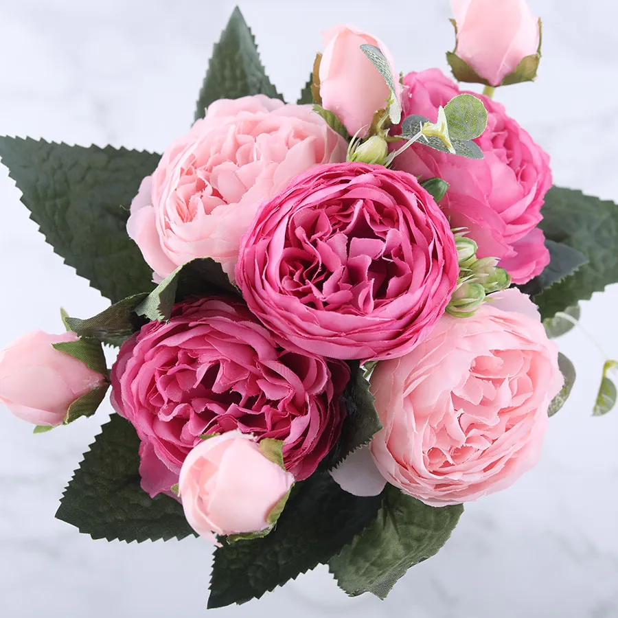 Ramo de flores artificiales de peonía de seda rosa de 30 cm, 5 cabezas grandes y 4 brotes, flores falsas baratas para decoración de boda en casa, interior, 30 Uds.