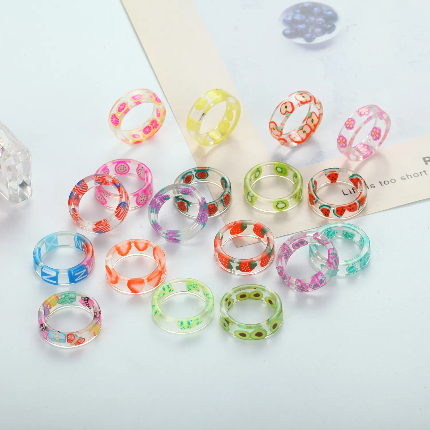 Wzór owoców żywica akrylowa masywna pierścionek dla kobiet kolorowe pierścienie biżuteria prezenty MKI