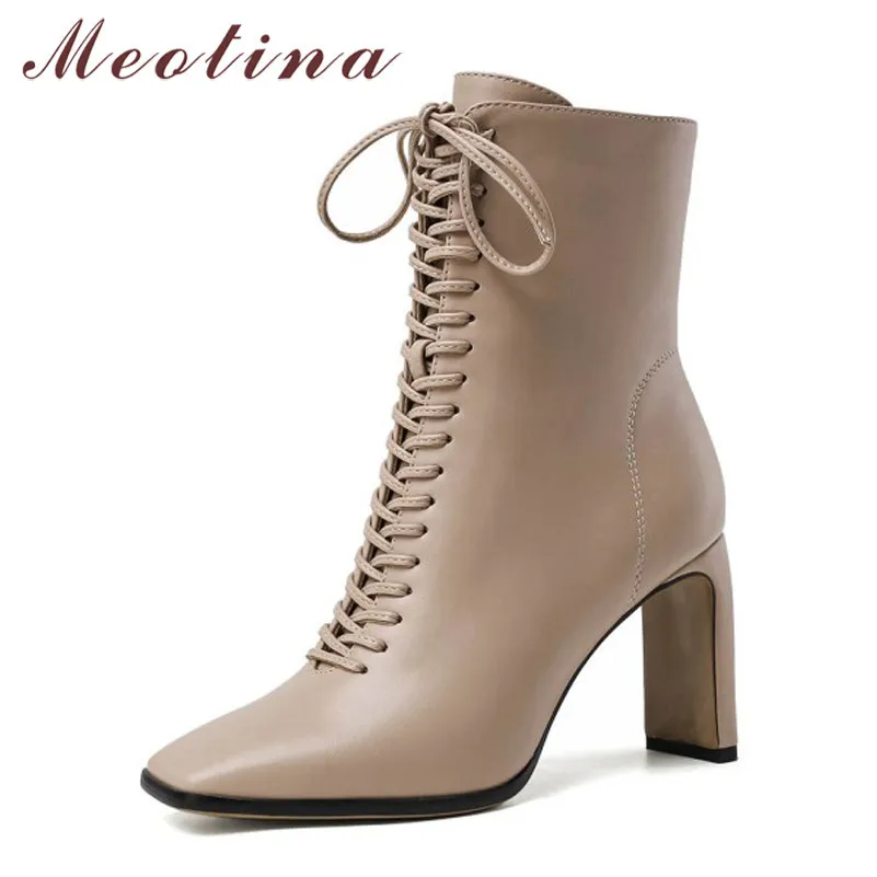 Meotina Kadınlar Kısa Çizmeler Ayakkabı Kare Ayak Tıknaz Topuklu Bayanlar Çizmeler Fermuar Lace Up Aşırı Yüksek Topuk Ayak Bileği Çizmeler Kış Kayısı 210520
