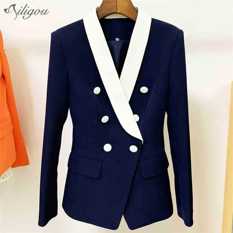 Botão de casaco azul marinho moda botão de metal duplo breasted manga longa slim shawl collar trabalho negócio blazer mulheres 210525